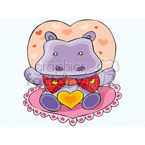 A cute purple cartoon hippo with a bow tie, sitting on a pink doily with heart decorations, ideal for Valentine's Day themes.