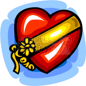   The clipart image features a stylized red heart with a shiny appearance, suggesting a glossy or reflective texture. There is a golden band wrapping around the center of the heart, with a decorative bow and flower-like detail on one side. The background consists of soft blue swirls that give a feeling of motion, highlighting the heart as the central element of the design. This image is typically associated with themes of love and affection and is often used in the context of holidays like Valentine
