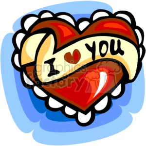 The clipart image features a stylized red heart with a banner across it that reads I love you. The heart is decorated with a border that appears to have a lace-like pattern and is set against a light blue background with a slight shadow, giving the impression of depth. This image conveys a strong sense of affection and is commonly associated with romantic love, especially related to Valentine's Day.