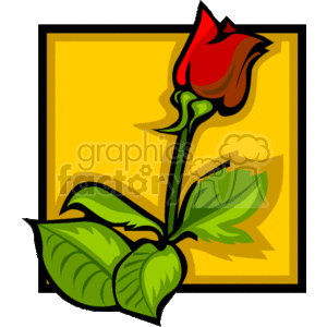 The image features a stylized single red rose with green leaves, set against a yellow background with a black border. The rose, as a symbol of love and romance, is commonly associated with Valentine's Day and holidays celebrating love.
