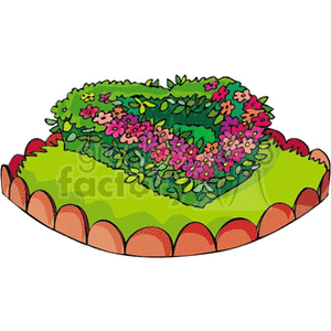 A heart-shaped floral arrangement on a grassy platform surrounded by a border.