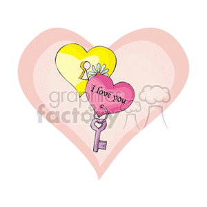 A clipart image featuring two heart-shaped balloons. The front pink balloon reads 'I love you' and is attached to a key, while the back yellow balloon has a keyhole.