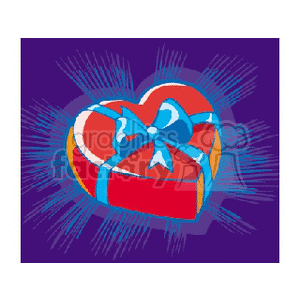 A colorful clipart image of a heart-shaped gift box with a blue bow, set against a glowing background.