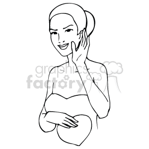   The image is a black and white clipart featuring a stylized woman. She has short hair, is smiling, and holds her hand to the side of her face in a gesture that could suggest coyness or flirtation. Additionally, she holds a heart shape close to her midriff, a symbol typically associated with love and affection, which relates to the theme of Valentine