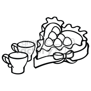The clipart image depicts a pair of cups and a heart-shaped box of chocolates tied with a ribbon. The chocolates are arranged loosely inside the box, indicating a romantic gift frequently associated with Valentine's Day.