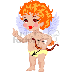 A cute Cupid angel with curly hair, wings, and a bow and arrow, pointing with one hand.