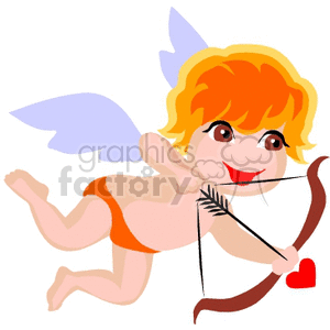 Clipart image of a happy, smiling Cupid with wings, holding a bow and arrow aimed at a heart.