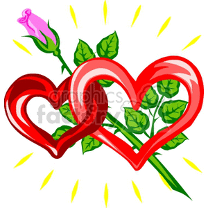 A colorful clipart image featuring intertwined red hearts with a pink rose and green leaves, symbolizing love and romance.