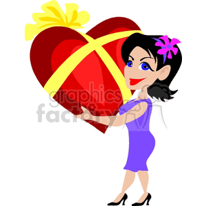 A cartoon lady in a purple dress holding a large heart-shaped gift wrapped with a yellow ribbon. The image is related to Valentine's Day and romance.