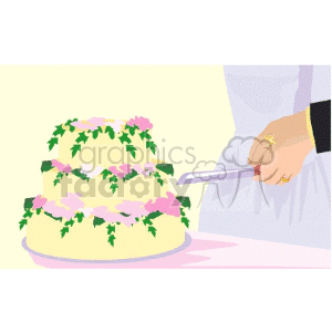 Clipart of wedding couple cutting a decorated wedding cake.