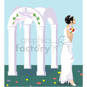 Clipart of a bride in a wedding dress holding a bouquet in front of an arch decorated with ribbons and flowers.