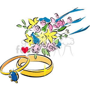 Clipart image featuring a vibrant bouquet of flowers, a pair of wedding rings, and a small red heart symbolizing love and marriage.