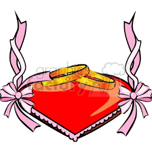 A clipart image featuring two gold wedding rings on a red heart-shaped pillow, adorned with pink ribbons and bows.