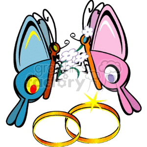 Clipart image of two butterflies facing each other with a floral element between them and two intertwined wedding rings below.