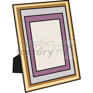 Clipart image of a decorative picture frame with a layered border design in shades of gold, silver, and purple, positioned upright with a stand.