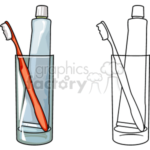 Clipart image showing a toothpaste tube and toothbrush in a cup, with a colored and outline version.