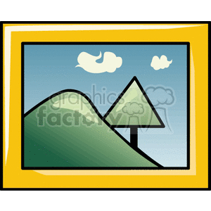 Clipart image of a yellow picture frame with a landscape scene featuring a hill, a stylized tree, and clouds.