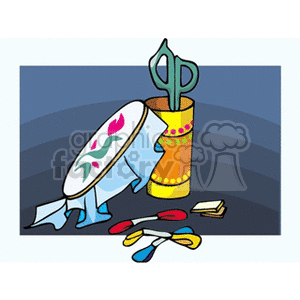 Clipart image of embroidery tools including an embroidery hoop with fabric, a container with scissors, and colorful thread spools.