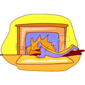 Illustrative clipart of a person lounging in front of a fireplace with a vibrant flame.