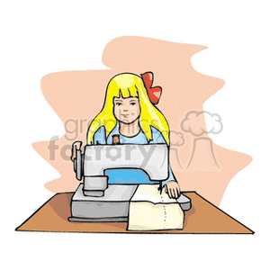 A girl using a sewing machine for sewing fabric, illustrating a domestic sewing activity.