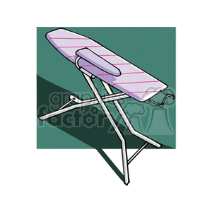 Clipart image of a folding ironing board with a pink and white cover.