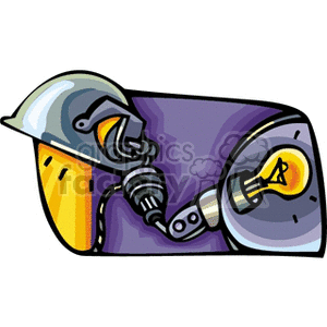 Clipart image depicting a stylized lamp with a light bulb, combining mechanical and household elements.