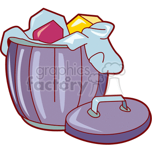 A clipart image of an overflowing garbage can with a lid, containing household trash and colorful items.