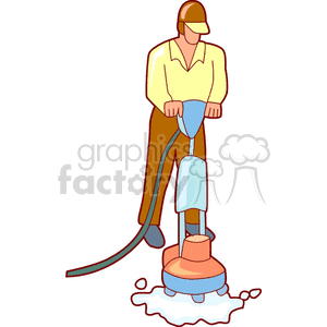 A clipart image of a janitor using a floor buffer or waxer machine to clean the floor.