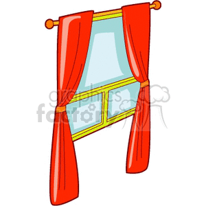 A clipart image of a window with red curtains drawn to the sides.