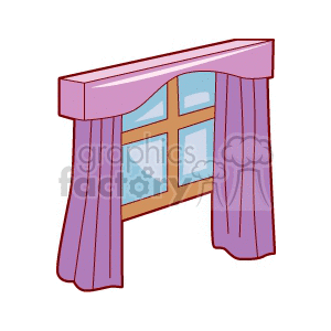 Clipart image of a wooden window with purple curtains.