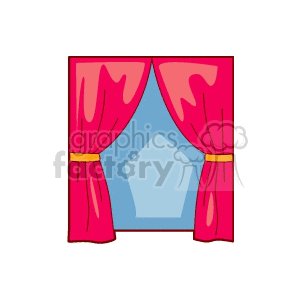 A clipart image of a window with red curtains tied back, revealing a view of the sky.