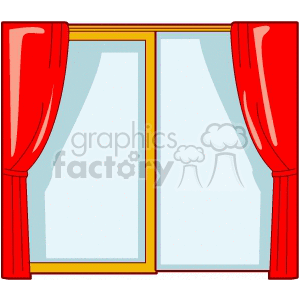 Clipart image of a window with red curtains.