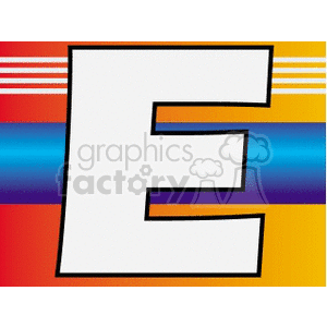 Clipart image of the letter 'E' with a colorful background featuring a gradient of red, orange, and blue with white stripes.