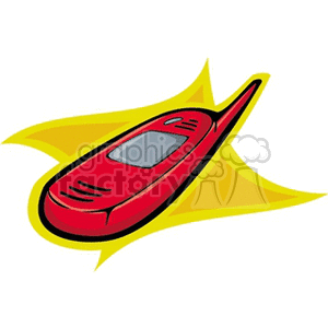 Colorful clipart image of a retro red mobile phone with an antenna against a yellow background.