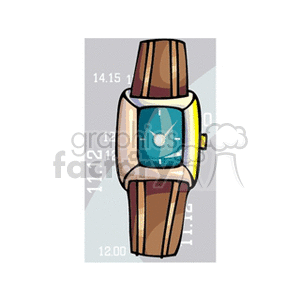 Clipart image of a wristwatch with a brown strap and a blue face displaying the time. Background includes numbers representing hours.