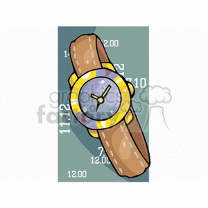 Illustration of a wristwatch with a yellow case and brown leather strap on a green background with numbers around it.