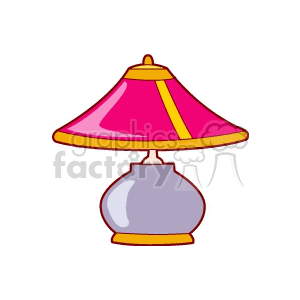 Illustration of a decorative pink table lamp with a wide shade and a rounded base.