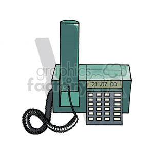 Clipart image of a corded landline telephone with a keypad and digital display.