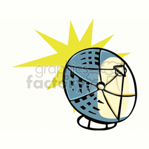 Illustration of a satellite dish antenna with a geometric design and starburst background.