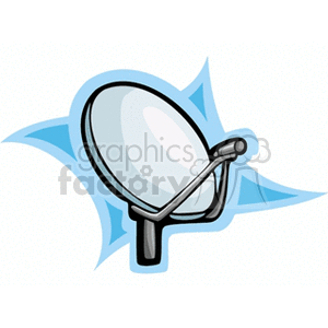 A clipart image of a satellite dish antenna set against a stylized blue starburst background.