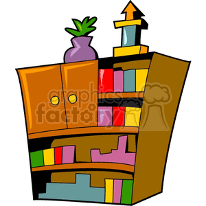 A colorful clipart image of a slanted bookshelf with various books and two items placed on top, including a potted plant and a geometric object shaped like an arrow.