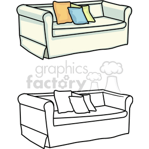 A clipart image of a sofa with three cushions on it. The top half of the image is colored, showing a sofa with three cushions in orange, blue, and light green. The bottom half of the image is a black and white line drawing of the same sofa with three cushions.