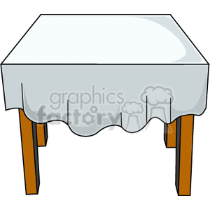 A clipart image of a wooden table with a white tablecloth draped over it.