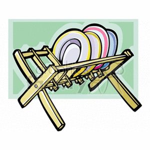 Illustration of a kitchen dish rack with colorful dishes.