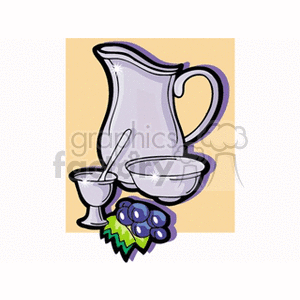 Clipart image featuring a jug, a small bowl, a cup, and a bunch of grapes, with a stirring spoon, set against a light background.