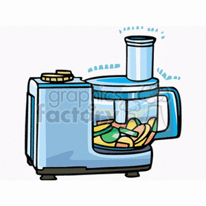 A colorful clipart image of a blue kitchen food processor with sliced vegetables inside.