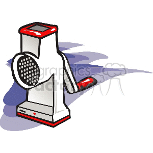 Illustrated vintage-style hand-crank meat grinder with a red and white color scheme.