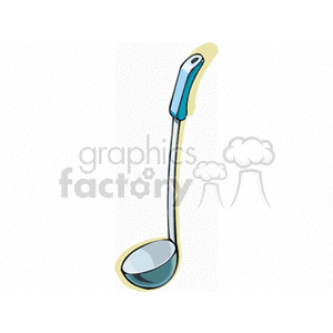 Clipart of a kitchen ladle with a blue handle.