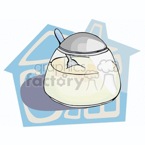 Clipart image of a kitchen jar filled with sugar, featuring a spoon inside, with a stylized house design in the background.