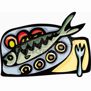 A clipart image featuring a fish on a plate with various garnishes and a fork.